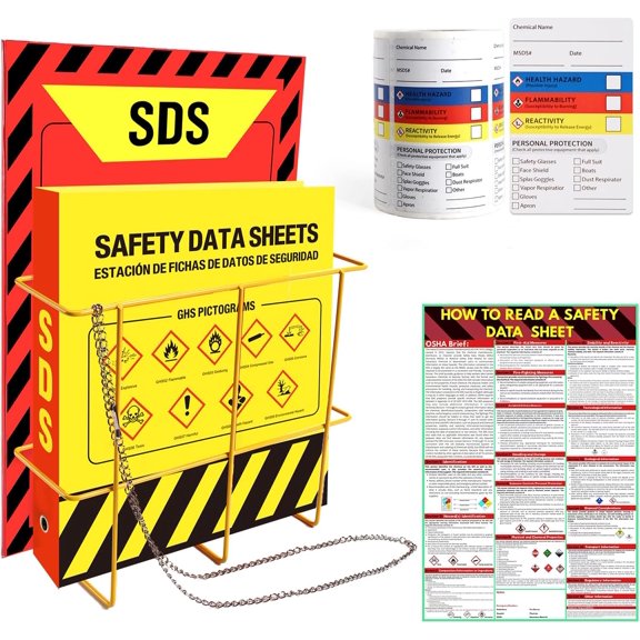 MSDS SDS Binder and Wall Station Set,Yellow Heavy Duty 3 Inch Material Safety Data Sheet 3 Ring Binder with SDS Wire Rack and Display Sign,Chain,Safety Posters,MSDS Labels,Binder Wall Mount
