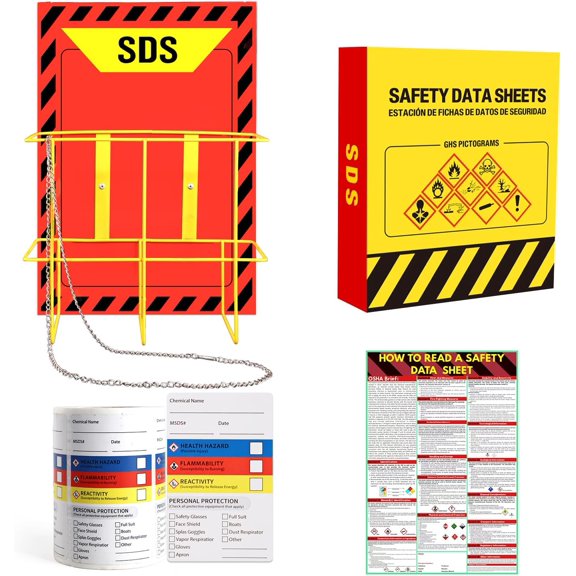 MSDS SDS Binder and Wall Station - Yellow Heavy Duty 3 Inch Material Safety Data Sheet 3 Ring Binder with SDS Wire Rack and Display Sign, Chain,Mounting Hardware,Safety Posters,MSDS Labels