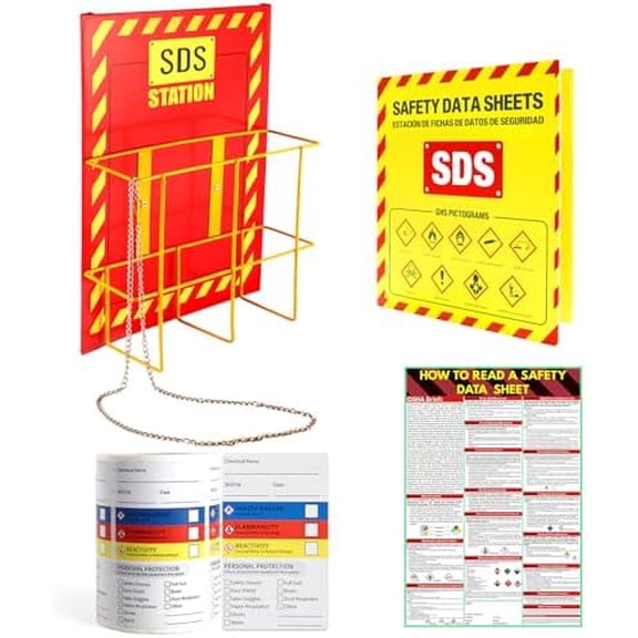 MSDS SDS Binder and Wall Station,Yellow Heavy Duty 3 Inch Material Safety Data Sheet 3 Ring Binder with SDS Wire Rack and Display Sign, Chain,Mounting Hardware,Safety Posters,MSDS Labels