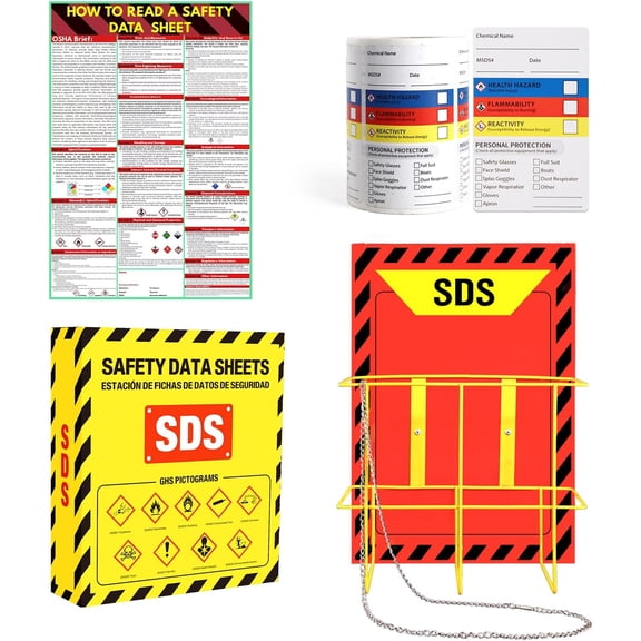 MSDS SDS Binder and Wall Station,Yellow Heavy Duty 3 Inch Material Safety Data Sheet 3 Ring Binder with SDS Wire Rack and Display Sign,Chain,Mounting Hardware,Safety Posters and MSDS Labels