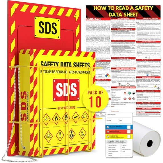 Pack of 10 MSDS Wall Station - 3 Inch 3 Ring Material Safety Data Sheet Binder with SDS Wire Rack and Display Sign, Chain, Mounting Hardware, SDS Poster, MSDS Labels - Heavy Duty OSHA Yellow Binder