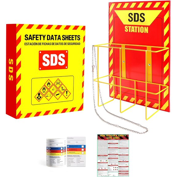 MSDS Yellow Heavy Duty 3 Inch Material Safety Data Sheet 3 Ring Binder with SDS Wire Rack, Display Sign, Chain, Safety Posters, Labels, Wall Mount