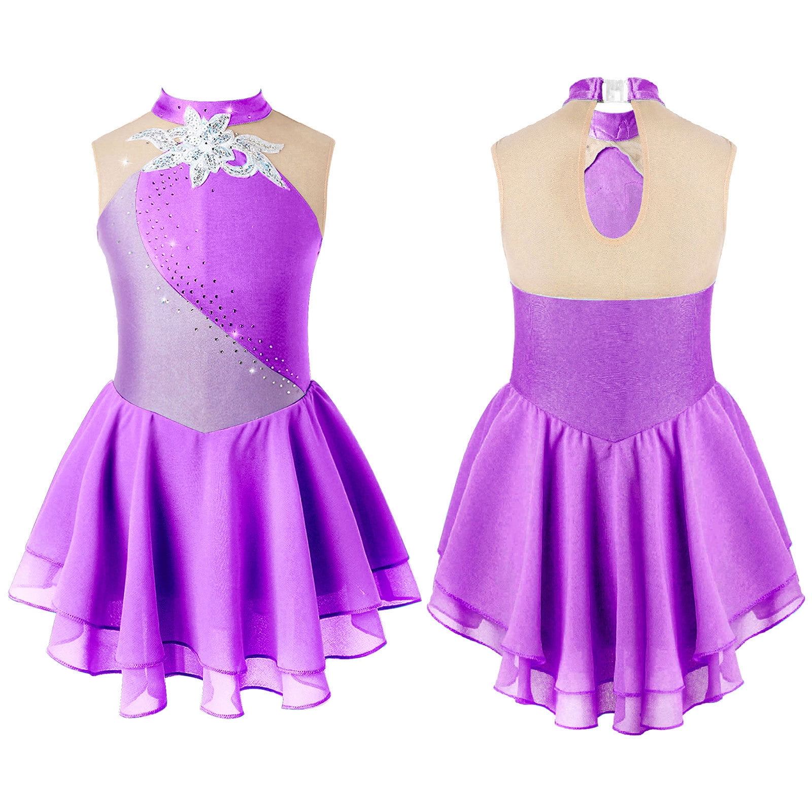 MSEMIS Girl Sleeveless Shiny Rhinestones Ice Figure Skating Dress