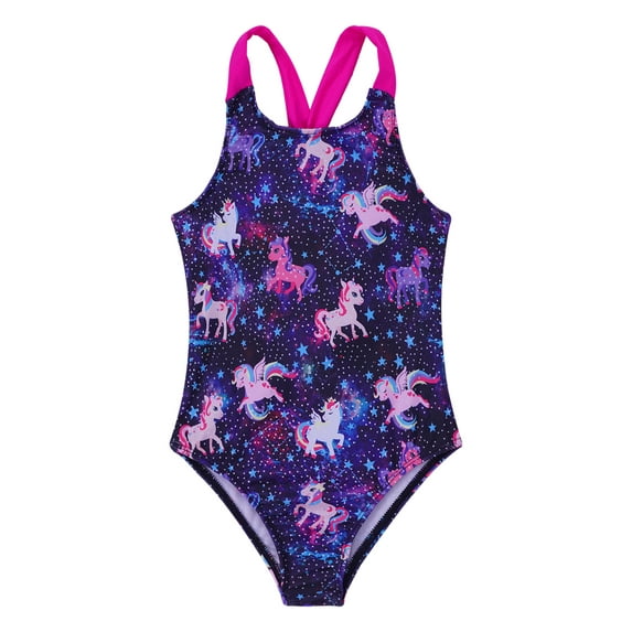 MSEMIS Girls Mermaid One Piece Swimsuit Kids Ruffle Bathing Suits with UPF 50+, Sizes 4-16 Pegasus Starry Black 14