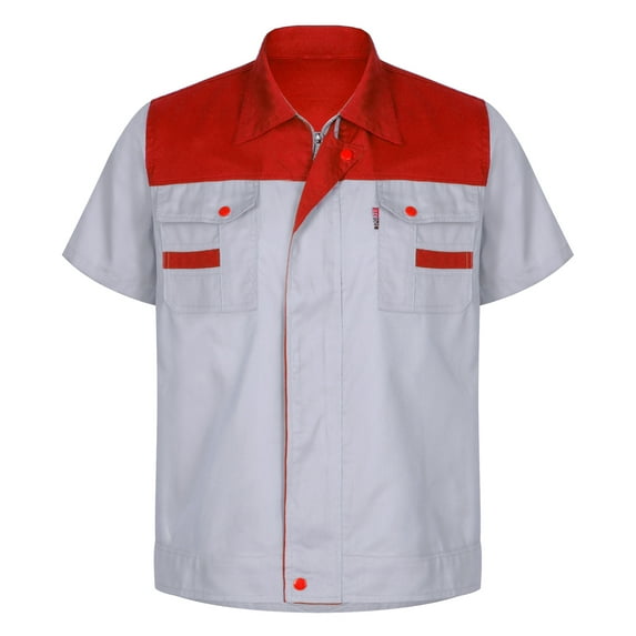 MSEMIS Men's Regular Fit Short Sleeve Industrial Work Shirt Performance Utility Uniform Shirt Grey&Red XXL