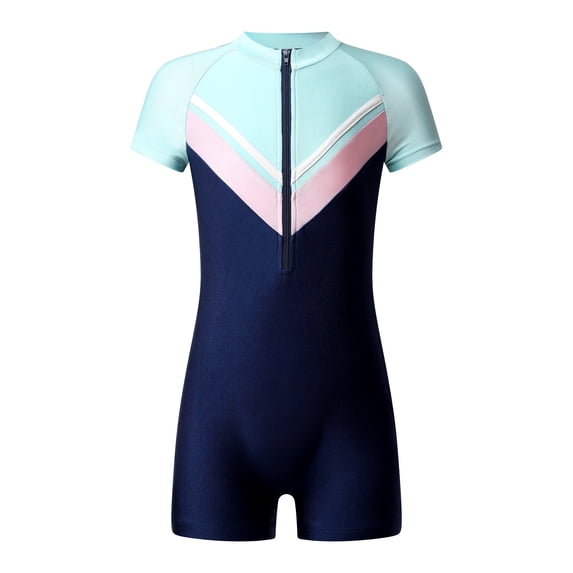 MSEMIS Unisex Boys Girls Rash Shirt One Piece Tankini Short Sleeve Boyshort Swimwear Color BlockLight Blue 10