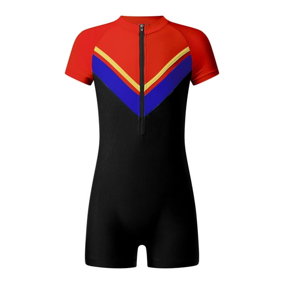 MSEMIS Unisex Boys Girls Rash Shirt One Piece Tankini Short Sleeve Boyshort Swimwear Color BlockRed 10