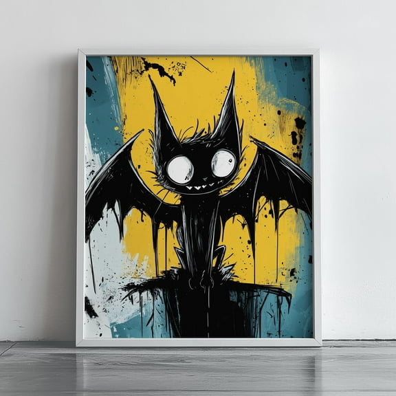 MSFCON Abstract Spooky Bat Art - Halloween Wall Decor, Moody Gothic Painting, Dark Fantasy Creature, Black and Yellow Art Print