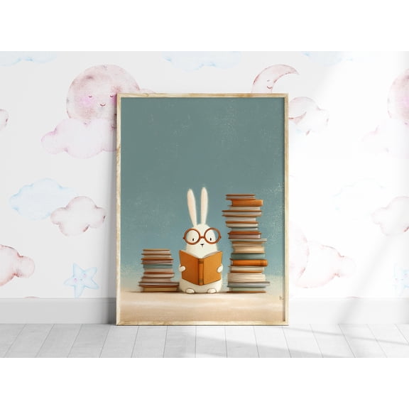 MSFCON Animal Reading Book Art, Study Room Bunny Print, Classroom Poster, Cute Rabbit Learning Decor, Colorful School Wall Art