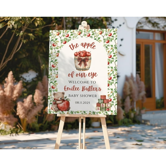 MSFCON Apple of Our Eye Sign, Editable Apple Baby Shower Welcome Sign, Fall Baby Shower Poster, Customizable Apple Orchard Sign Shower