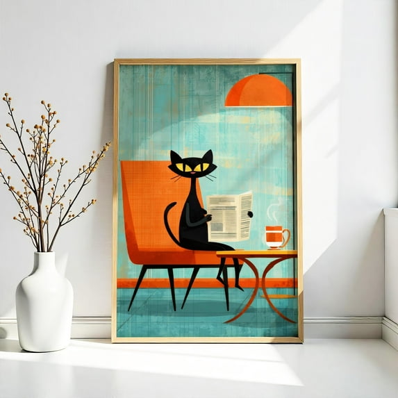 MSFCON Atomic Black Cat Reading in Living Room – Retro Midcentury Modern Poster, Atomic Age Coffee Print