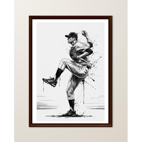 MSFCON Baseball Pitcher Wall Art – Black & White Ink Splash Illustration | Minimalist Sports Decor