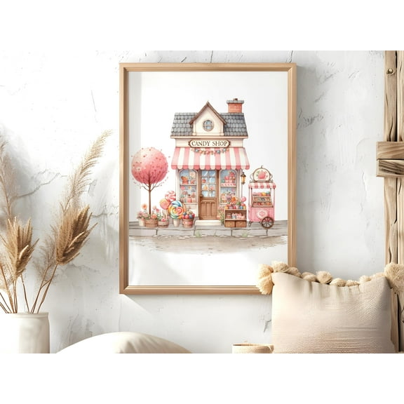 MSFCON Candy Shop Nursery Print, Sweet Shop, Cute Girl's Room Decor, Dessert Playroom Wall Art, Pink Watercolour Store, Storefront Art