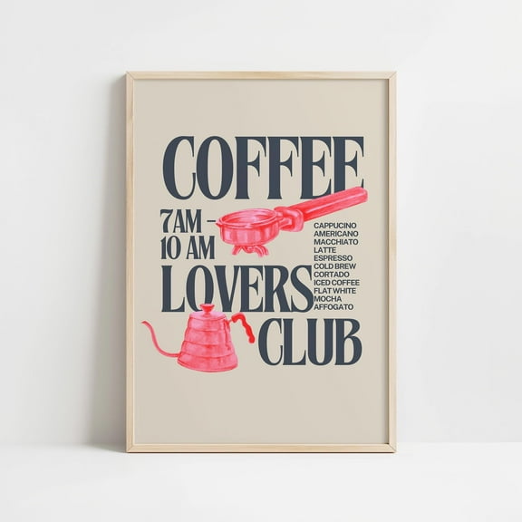 MSFCON Coffee Lovers Club Wall Art Print, Cute Pink Coffee Bar Decor, Retro Coffee Illustrations Wall Art, Cappucino, Latte, Iced Coffee Wall Decor