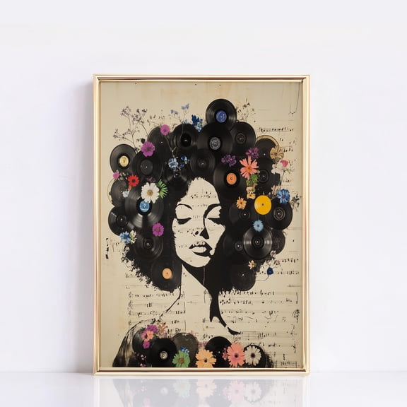 MSFCON Colorful Vinyl Record Art Print with Floral Design, Afro Woman Wall Art, Retro Music Home Decor, Unique Boho Artwork for Living Room