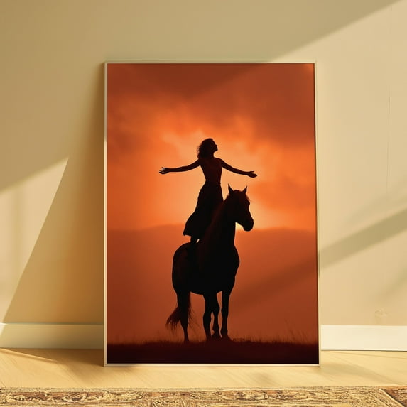 MSFCON Cowgirl Wall Art Western Horse Art Print Orange Western Print Sunset Decor Horse Lover Gift For Cowgirl Western Poster