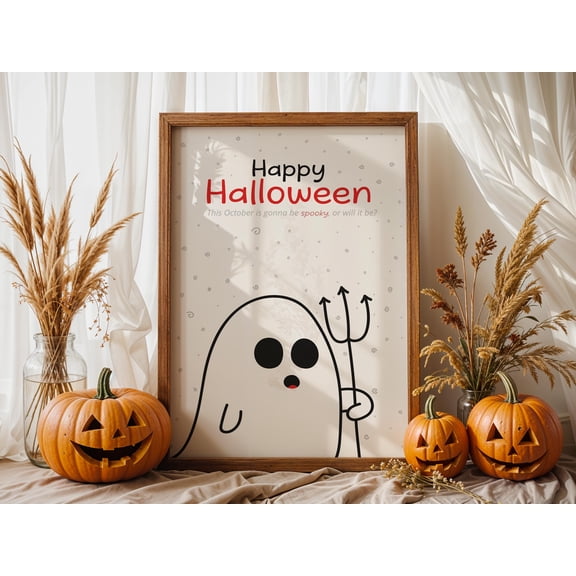 MSFCON Cute Halloween Ghost Poster – Minimal Spooky Wall Art or Fall Decor – Framed or Option