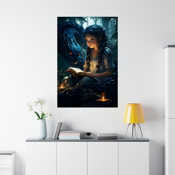 MSFCON Dragon Girl Reading Poster, magical forest wall art Jasmine neverending fantasy story print book lover gifts kawaii room decor girly prints