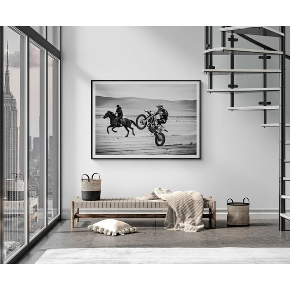 MSFCON Fine Art Motorcycle and Horse Race Vintage Print - Black and White Action Photography - Framed Racing Wall Art - Adventure Wall decor