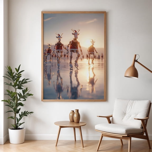 MSFCON Futuristic Robot Reindeer Christmas Print, Retro Cyberpunk Holiday Wall Art, Unique Winter Decor, Trendy Poster, Funky Fun