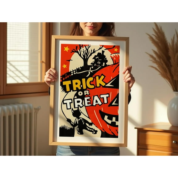 MSFCON Halloween Art Retro Trick or Treat Print Retro Halloween Party Gift Trick or Treat Poster Spooky Kitchen Wall Art Home Decor Kitchen Decor