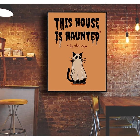 MSFCON Halloween Cat Poster, This House Is Haunted Wall Art, Spooky Ghost Kitty Print, Vintage Halloween Decor, Cute Fall Aesthetic Wall Poster