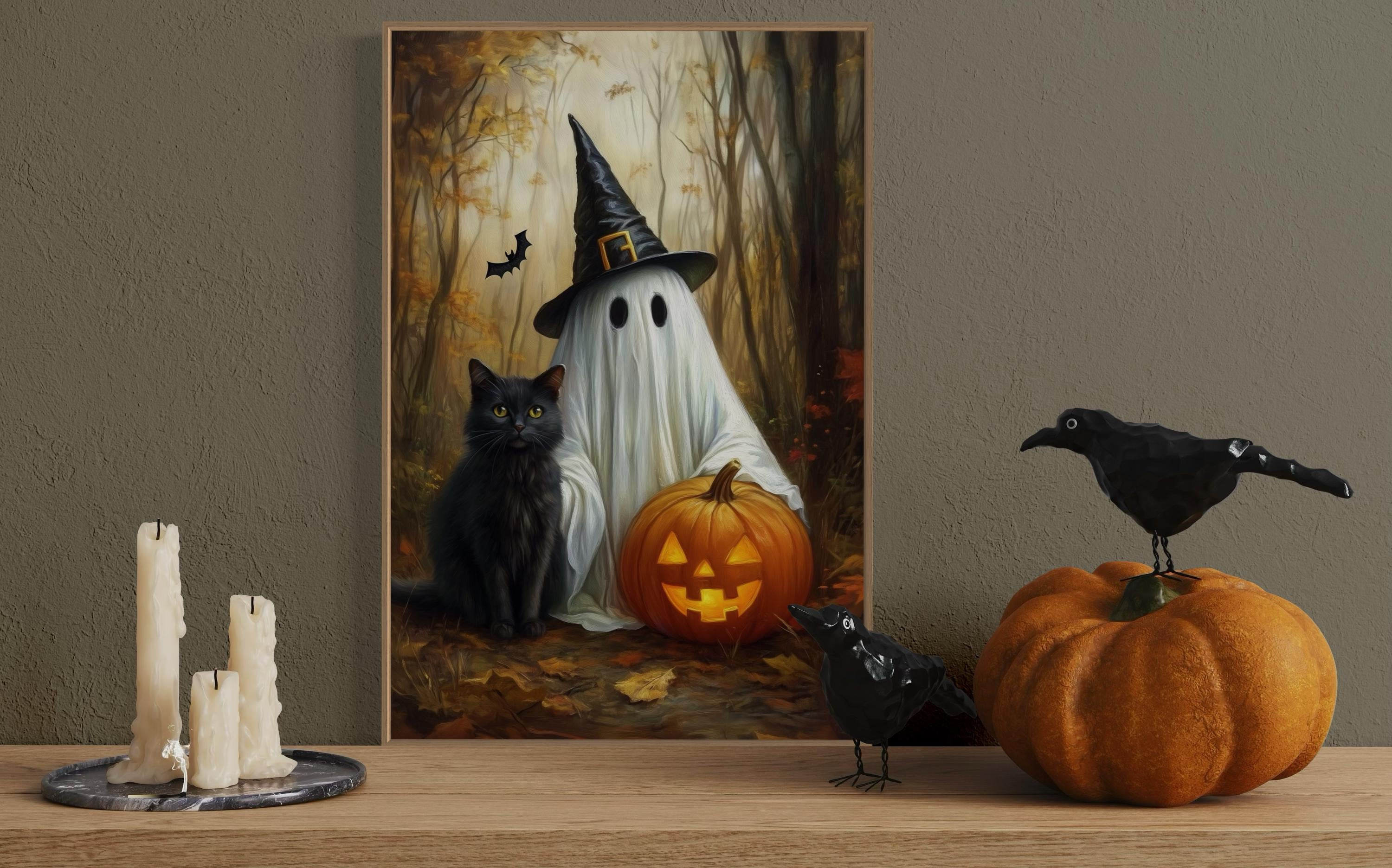 MSFCON Halloween Ghost Art Print – Black Cat and Pumpkin Wall Art ...