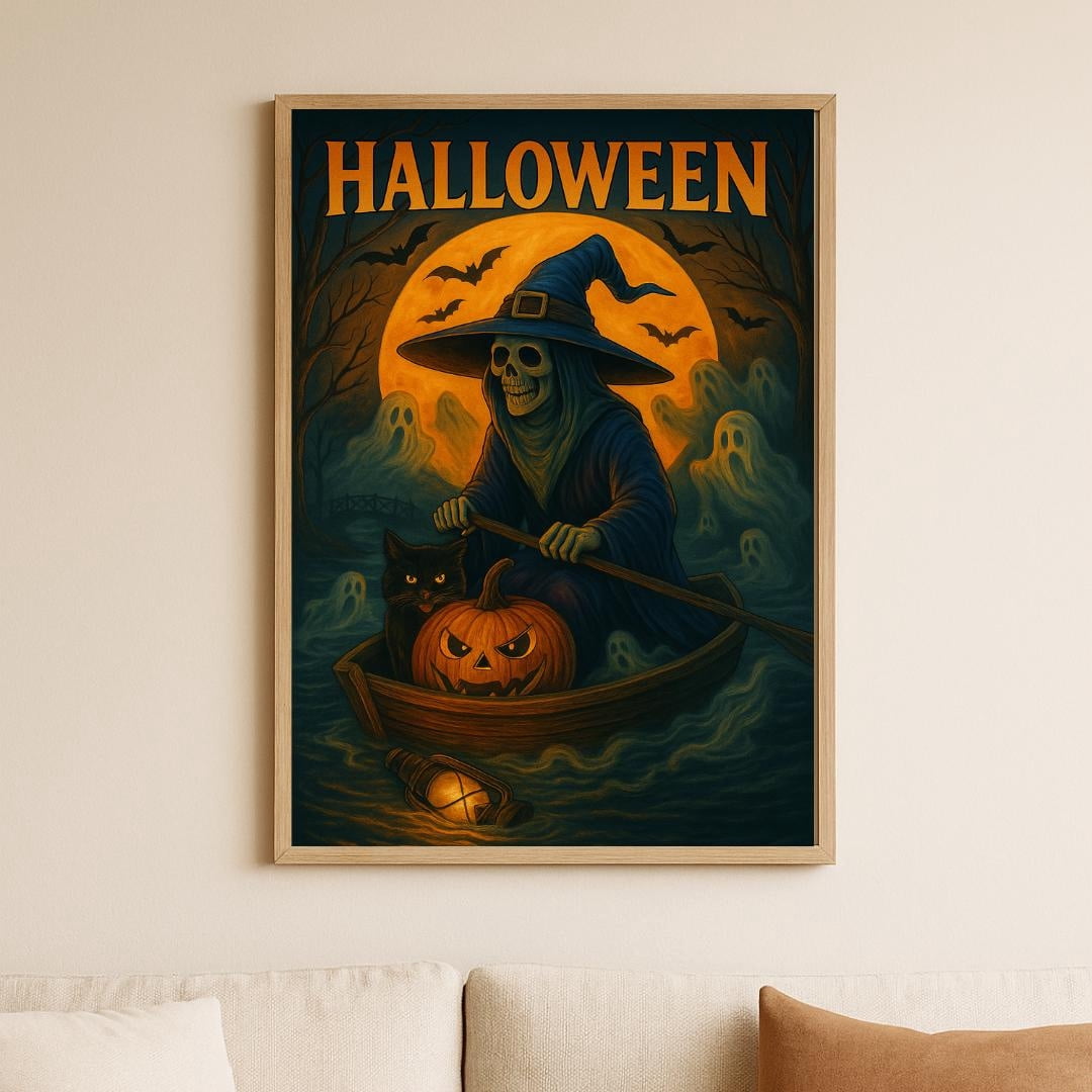 MSFCON Halloween Wall Art, Witch Boat Print with Cat and Pumpkin ...