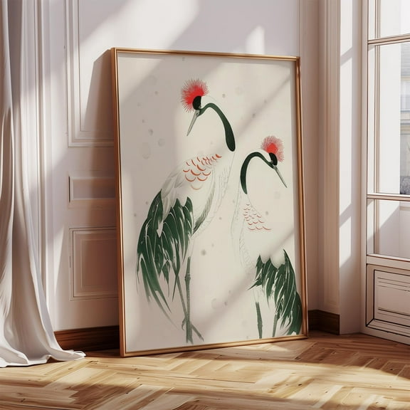 MSFCON Japanese Crane Art – Red Crowned Cranes Wall Print, Traditional Bird Illustration, Minimalist Nature Decor, Asian Wildlife Artwork