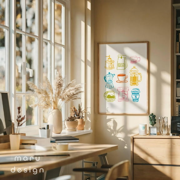 MSFCON Kitchen Wall Art, Hand Drawn Coffee Bar Print, Minimalist Home Decor, Trendy Poster, Moka Pot, Handwritten Font