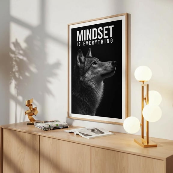 MSFCON Mindset is Everything Wolf Poster – Black and White Wall Art for Motivation & Success, Wolf Head Focus Wall Decor, Modern Office Design