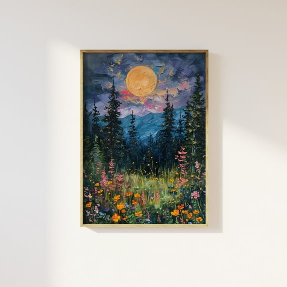 MSFCON Moon above the wildflowers and woodland art print | full moon above nature oil painting, flowers and trees, mystical midnight enchanted art