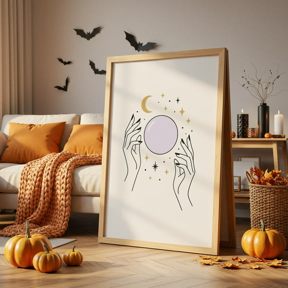 MSFCON Mystical Witch Hands Print – Crystal Ball Halloween Wall Art – Boho Decor