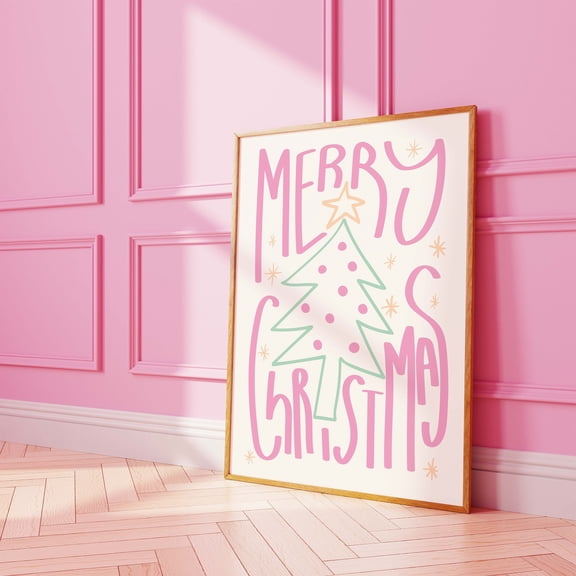 MSFCON Pastel Merry Christmas Print | Cute Pink Christmas Decor | Boho Holiday Wall Art | Funky Christmas Print