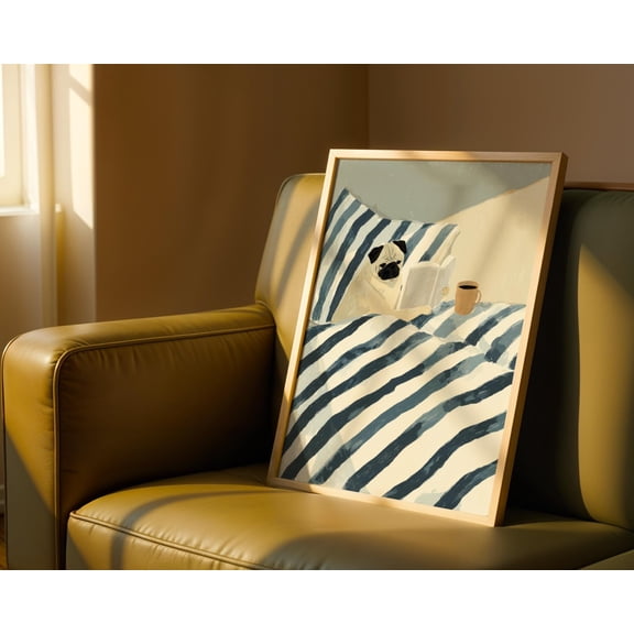 MSFCON Pug Reading Art Print – Funny Pug Wall Art, Dog in Bed Poster, Bookish Dog Print, Cozy Bedroom Decor, Dog and Coffee Gift