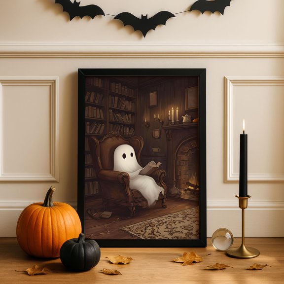 MSFCON Retro Ghost Reading Book Framed Poster: Whimsical Library Wall Art