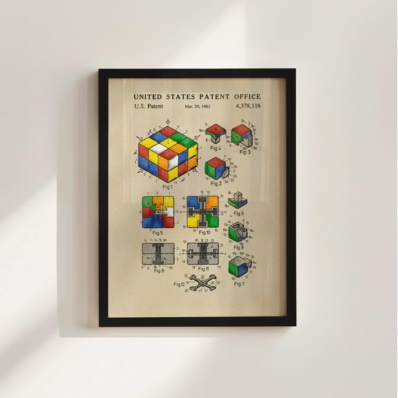 MSFCON Rubiks Cube Patent Framed Print, Office Decor, Gift for Him, Vintage Poster, Watercolor Print, Gift for Dad