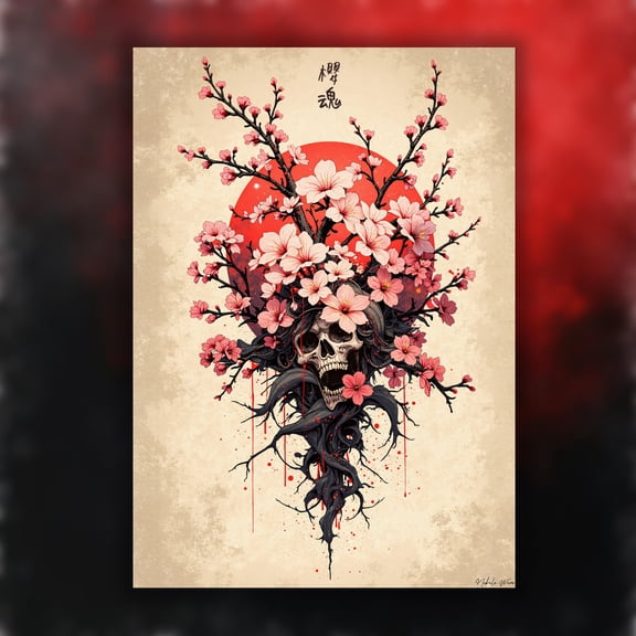 MSFCON Sakura Requiem Wall Art | Gothic Skull & Cherry Blossoms, Dark Floral Aesthetic, Japanese-Inspired Decor, Memento Mori Print