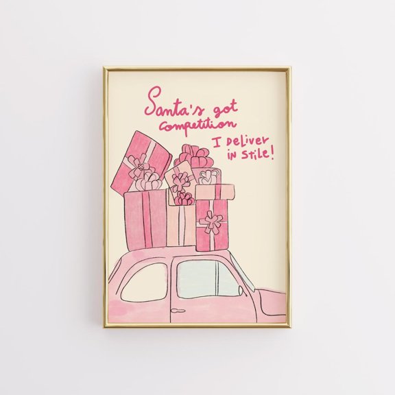 MSFCON Santa’s Got Competition Art, Pink Christmas Wall Decor, Funny Holiday Print, Gift Delivery Poster, Retro Car Xmas, Preppy Festive Style