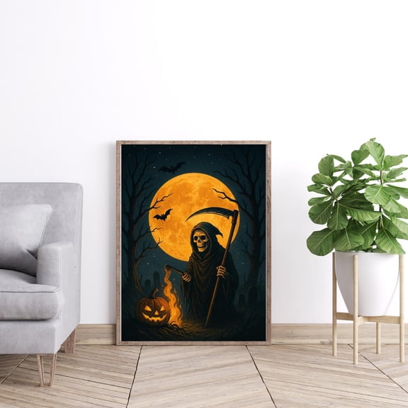 MSFCON Spooky Halloween Wall Art, Grim Reaper and Pumpkin Print, Gothic Full Moon Decor, Haunted Night Poster, Dark Scary
