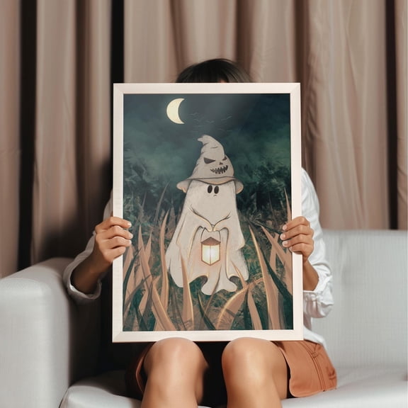MSFCON Spooky Lantern Ghost Poster | Vintage Halloween Wall Art, Haunted Night Scene, Whimsical Ghost Decor, Perfect Print for Boho Halloween Vibes