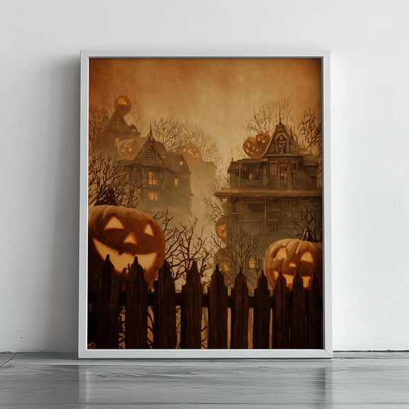 MSFCON Vintage Halloween Art - Spooky Pumpkin Fence, Dark Autumn Scene, Decor, Surreal Style Inspired by Famous Artists, Wall Art
