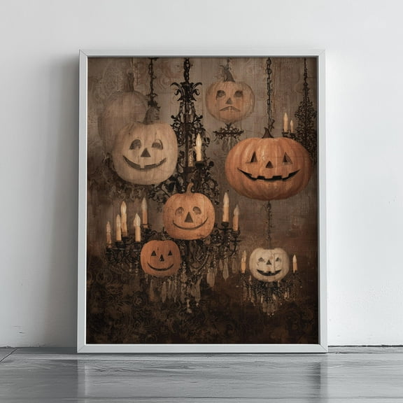 MSFCON Vintage Halloween Pumpkin Chandelier, Spooky Wall Art, Rustic Jack-O'-Lantern Decor, Salvador-Inspired Halloween Print