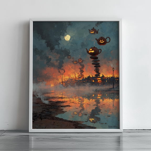 MSFCON Vintage Halloween Wall Art - Surreal Jack O'Lanterns, Spooky Moonlit Landscape, Eerie Autumn Decor, Salvador Style Art