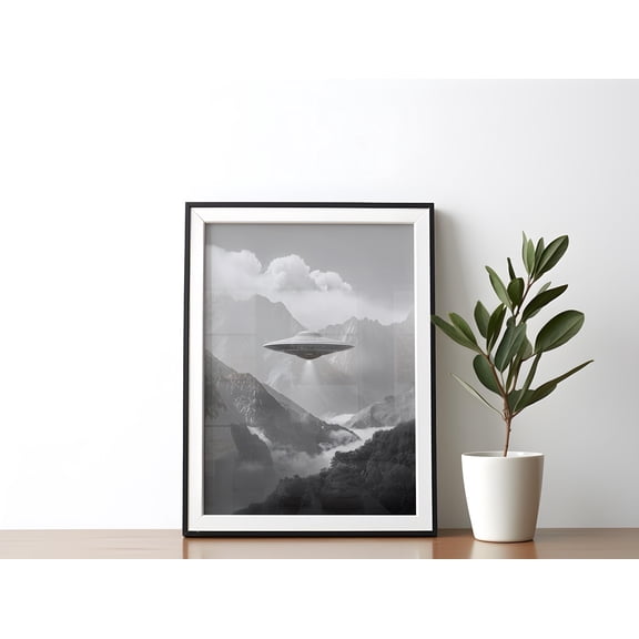 MSFCON Vintage style black and white ufo print space poster retro wall art decor retro art fantasy and sci-fi decor
