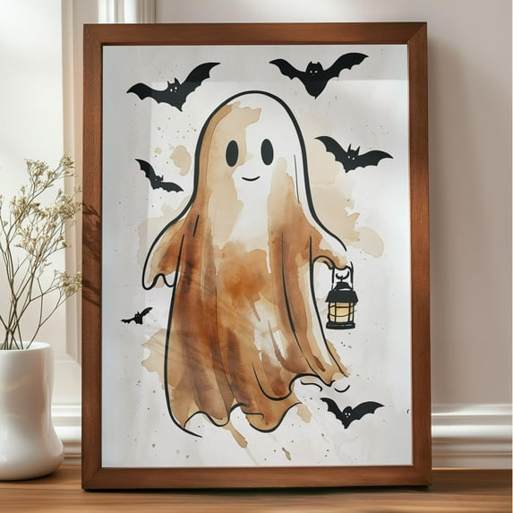 MSFCON Watercolor Ghost: Neutral Halloween Wall Art with Lantern
