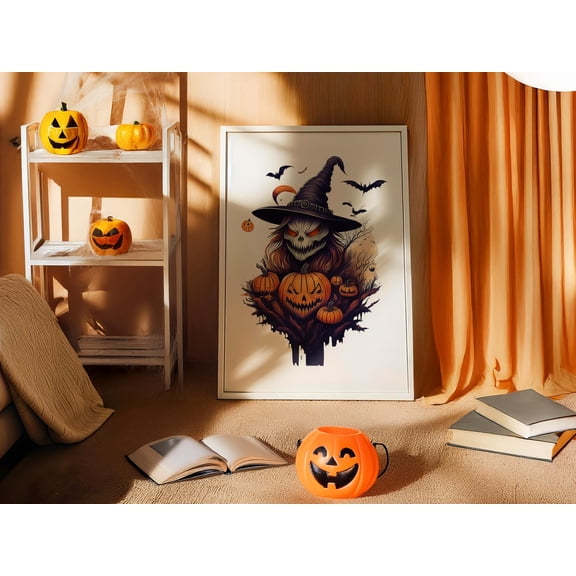 MSFCON Witchy Halloween Wall Art Print – Gothic Pumpkin Decor for Spooky Fall Vibes, Scary Witch Poster for Haunted Home Styling