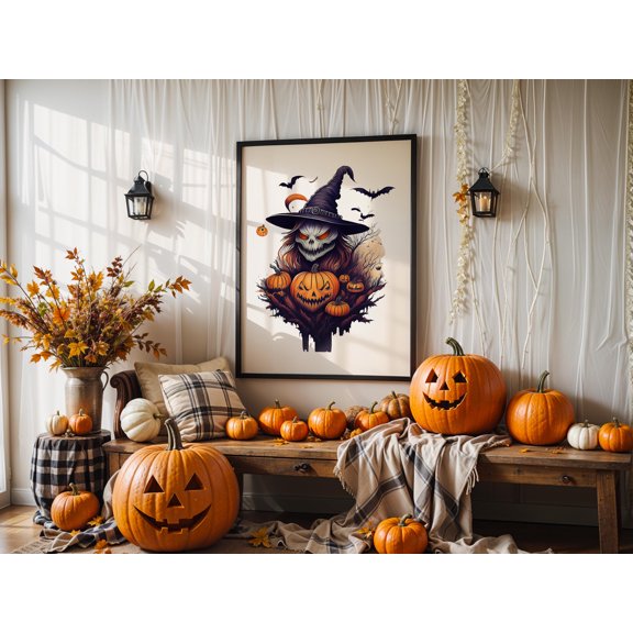 MSFCON Witchy Halloween Wall Art Print – Gothic Pumpkin Decor for Spooky Fall Vibes, Scary Witch Poster for Haunted Home Styling
