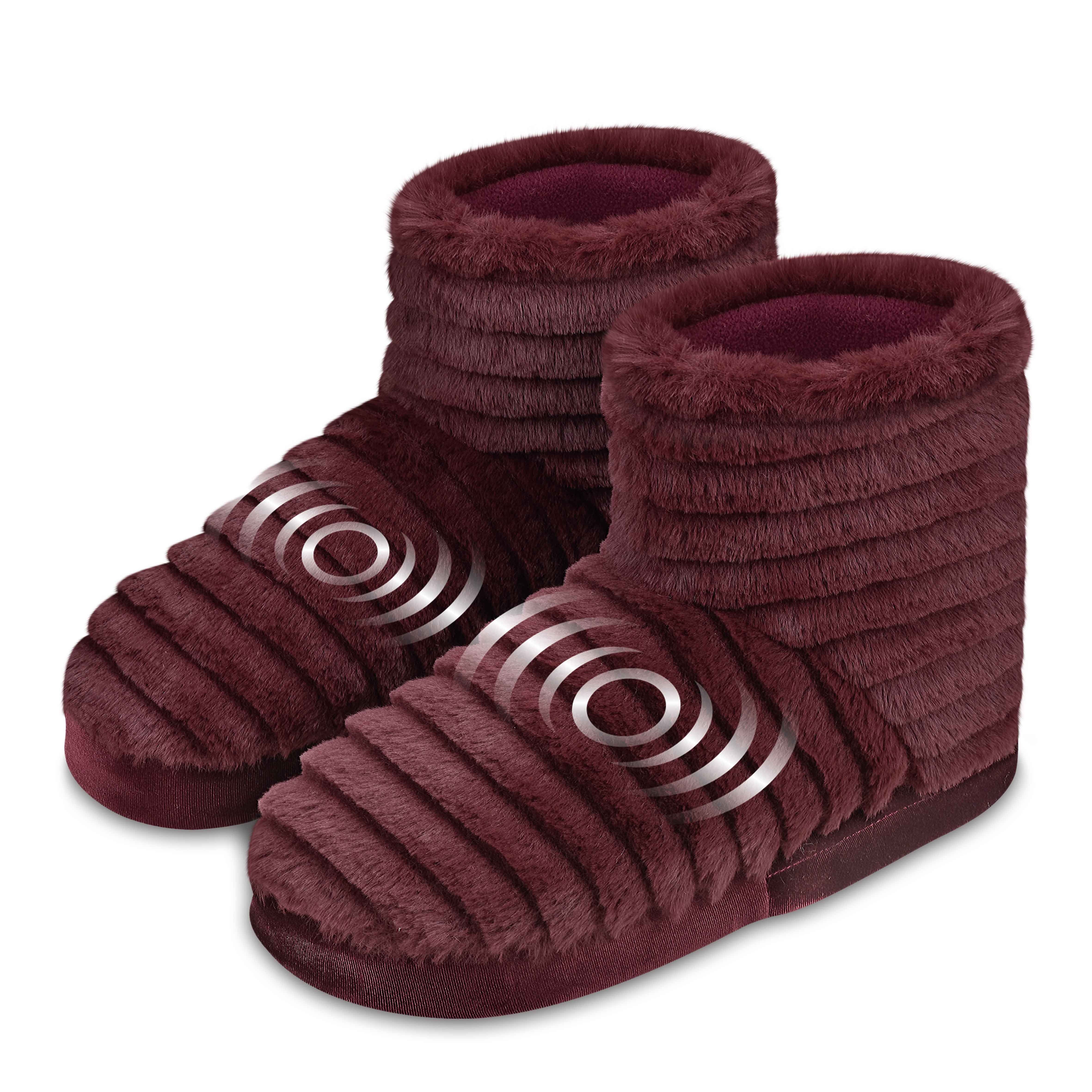 Health Touch Soft Fluffy Massaging Booties with Memory Foam, Foot Massager Vibration, Red