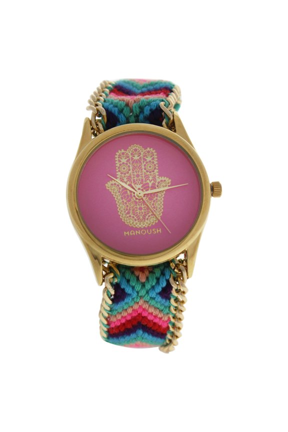 MSHHIPH Hindi Hand - Gold/Pink Nylon Strap Watch by Manoush for Women - 1 Pc Watch